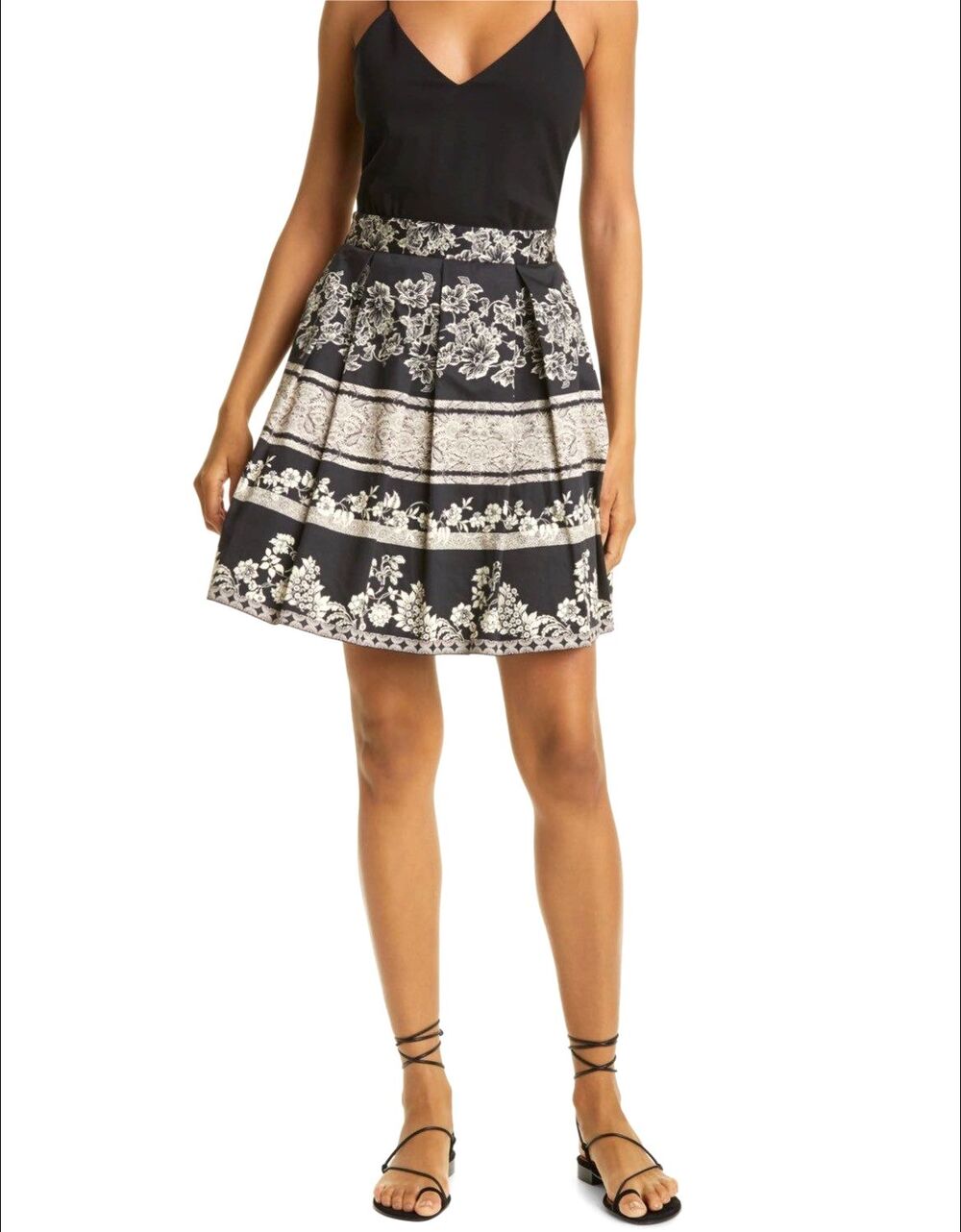 Alice + Olivia Madison Dress 14 Black White Pleated Fit Flare Floral Ballet